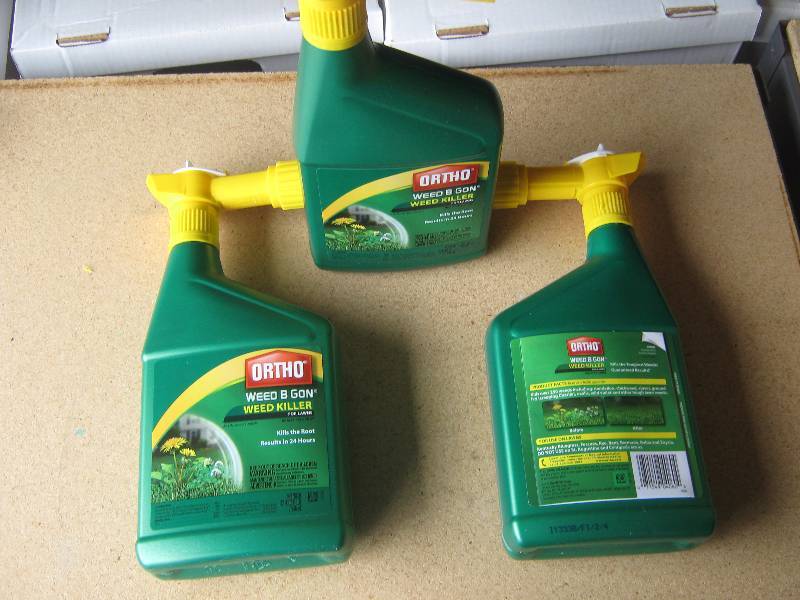 lot 5099 image: 3 ct. lot Ortho Weed B Gon Weed Killer for lawns 32 oz. plastic bottles ready to spray 8-10,000 sq. ft. area per bottle