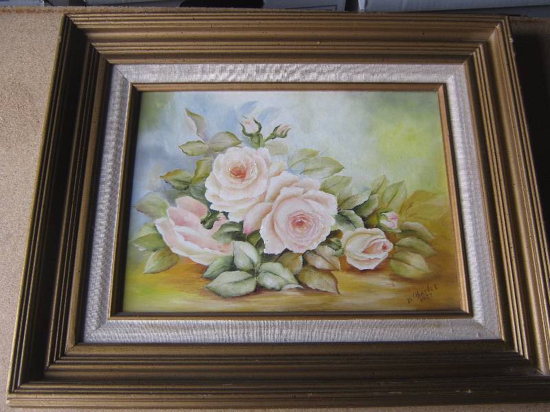 lot 5108 image: Original Painting W. Shorter 1977 Roses matted and framed measures 14-12 x 17-12 acrylic on wood