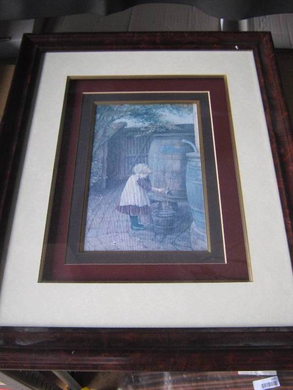 lot 5111 image: Unknown artist watercolor on canvas print matted and framed measures 21 x 17 overall Girl at Water jug