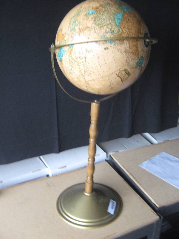 lot 5114 image: Crams Imperial World Globe on a stand, wooden leg, metal base 33 tall