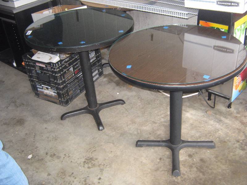 lot 5128 image: 2 ct. lot Bistro style tables with iron base and removable glass tops