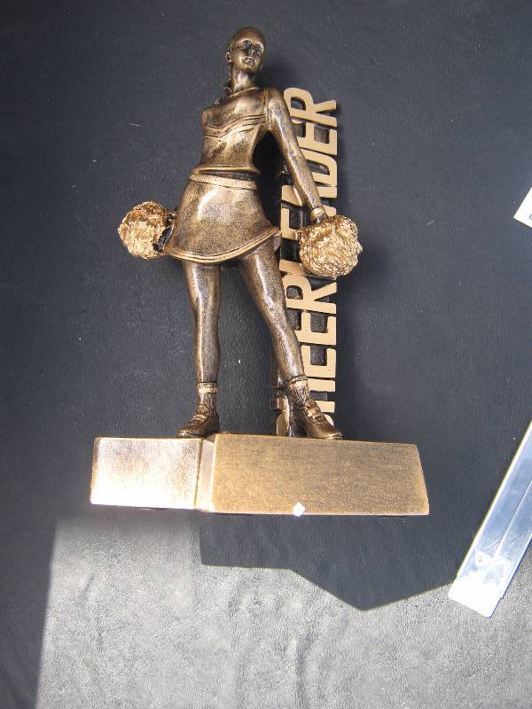 lot 5190 image: 5 ct. lot Marco RST406 Billboard Series Large Cheerleader F Trophy Toppers heavy duty plastic Bronze colored approx. 7