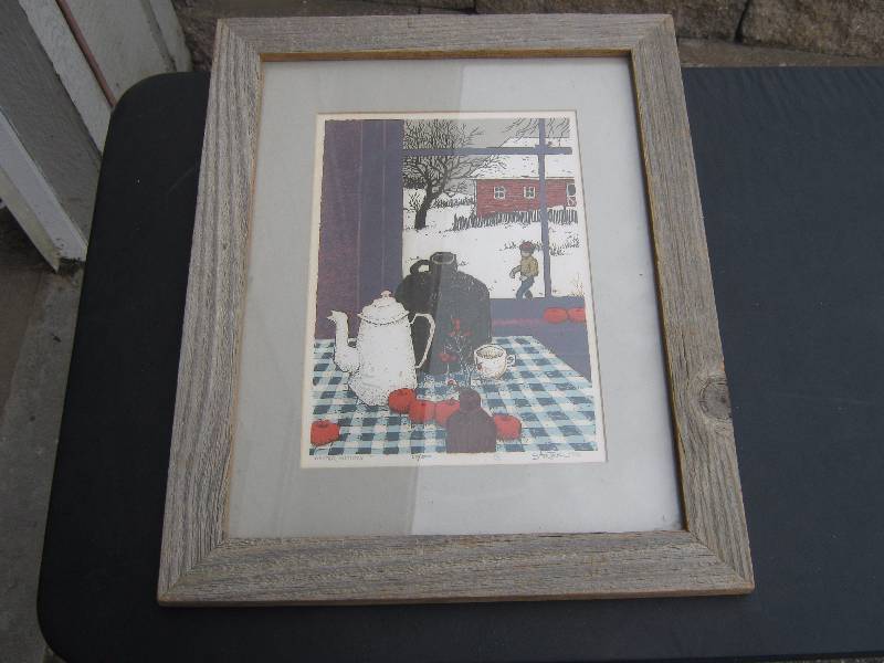 lot 5287 image: Bartek Winter Window Print 110500 1975 framed with barn board frame approx. 19-12 x 16 with frame