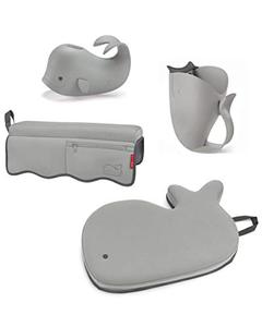 lot 4487 image: Skip Hop Moby Baby Bath Set with Four Bathtime Essentials, Spout Cover, Bath Kneeler, Elbow Pad, and Waterfall Rinser, Grey