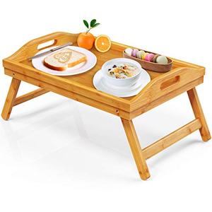 lot 4497 image: FURNINXS Bamboo Bed Tray Table for Eating Breakfast Tray for Bed Foldable Wood Serving Tray with Legs for Home, Bedroom, Hospital