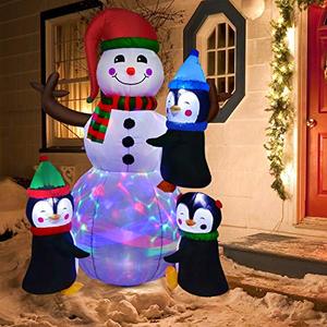 lot 4535 image: DearHouse 6Ft Lighted Christmas Inflatable Snowman with Three Cute Penguins, Building Color LED Lights Outdoor Indoor Holiday Decorations Blow up Yard Inflatables Home Decor