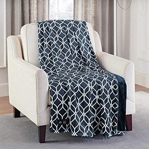 lot 5451 image: Brookstone Luxurious Electric Heated Throw 4-Heat Settings Easy One Touch Built-in Remote (Navy BlueWhite Pattern)