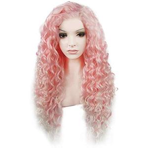 lot 6949 image: Ebingoo kinky Curly Lace Front Wig Natural Pink Mixed White Lace Front Wig Free Part Glueless Fashion Synthetic Wig for Women