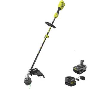 lot 2868 image: RYOBI ONE 18-Volt Lithium-Ion Cordless Attachment Capable Brushless String Trimmer, 4.0 Ah Battery and Charger Included