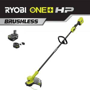 lot 2871 image: RYOBI ONE HP 18V Brushless Lithium-Ion Cordless Battery String Trimmer - 4.0 Ah Battery and Charger Included