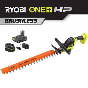 lot 2928 image: RYOBI ONE 22 in. HP 18V Brushless Lithium-Ion Cordless Battery Hedge Trimmer - 2.0 Ah Battery and Charger Included