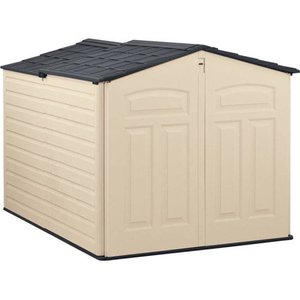 lot 2955 image: Rubbermaid 6 x 5 ft Storage Shed with Slide Lid, Sandstone & Onyx