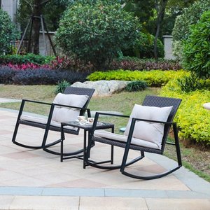 lot 4679 image: 3pc Iron and Wicker Rocker Conversation Patio Set