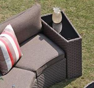 lot 4636 image: 7-Piece Half-moon Outdoor Wicker Cushions (Glass Top Side Tables Only, Set of 2) 27Lx21H