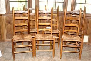 lot 5212 image: (6) Ladder Back Woven Seat Chairs with Painted Details