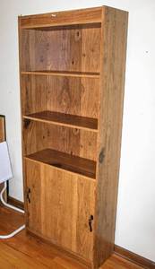 lot 5236 image: Faux Wood Vintage Bookcase Storage Shelves w 2 Sliding Doors