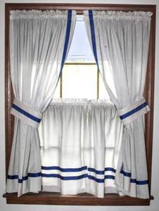 lot 5216 image: Vintage Window Dressings -Off WhiteIvory with Royal Blue Stripe