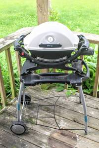 lot 5310 image: Weber Q 120 1-Burner Portable Propane Gas Grill Combo in Titanium with Rolling Cart and Cover
