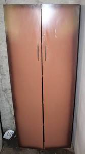 lot 5207 image: Vintage MCM Brown Metal Cabinet with Sleek High Chrome Handles 63x 24 x 14