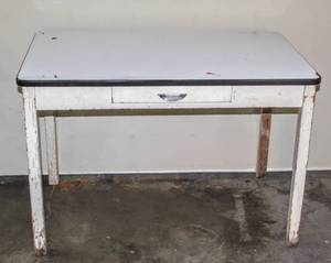 lot 5206 image: Antique Vintage Porcelain Enamel Kitchen Table, Enamel Top with Wood Base and Single Front Drawer 40 x 25 x 27 Tall