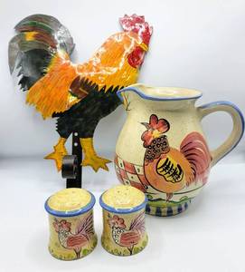 lot 5289 image: Metal Rooster Wall Hanging Hook  Ceramic Pitcher with matching Salt & Pepper Shakers
