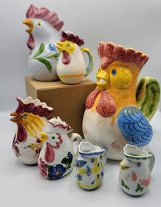 lot 5381 image: (7) Vintage Rooster Pitchers & Creamers - incl Gibson House Wares Lg Pitcher