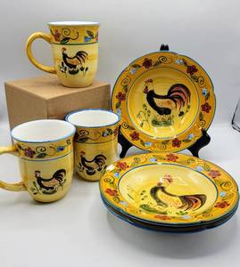 lot 5382 image: (9) Piece Set of Rooster Mugs, Bowls & Dinner Plates