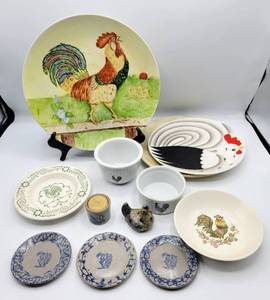 lot 5385 image: Variety of Rooster Themed Vintage Plates & Dishes - incl Coq Rouge Rooster Plate