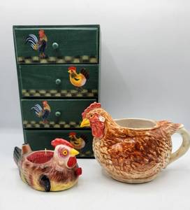 lot 5386 image: Vintage Enesco Rooster Hen Pin Cusion with Measuring Tape  Schmid Figural Rooster Mug
