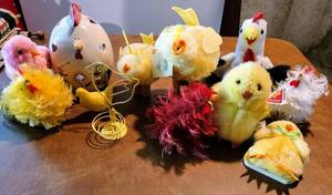 lot 5389 image: Plush Chicks and Ceramic Rooster Lantern Candle Holder