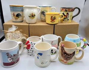 lot 5392 image: (12) Rooster Hen Coffee Mugs - incl Ceramic and Pottery Mugs