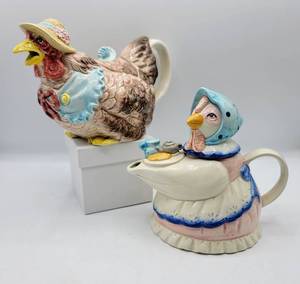 lot 5393 image: (2) Figural Rooster Hen Chicken Teapots