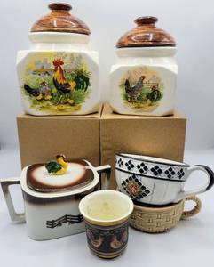 lot 5395 image: (2) Rooster Cannister Set, (1) Orchard Ware California Sugar Dish  more