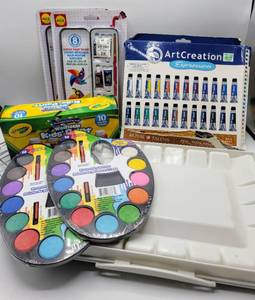 lot 5397 image: Large Painting Craft Lot - Oil Paints Set, (2) New Acrylic Paint Kits, (2) Watercolor Kits, Crayola Washable Kids Paint, Paint Tray and Racks