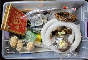 lot 5403 image: Large Bin FULL of Flower Arranging Items, Twine, Burlap, Feathers  Flower Press