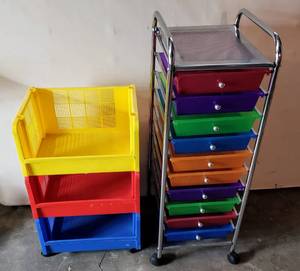 lot 5434 image: Multi-Color Rolling Cart  3 Colorful Stacking Bins