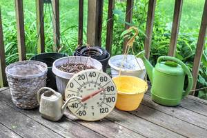 lot 5313 image: Assorted Plastic Planting Pots, Hanging Pots, Wicker Woven Planter Basket, Plastic Watering Cans and Temperature Gauge