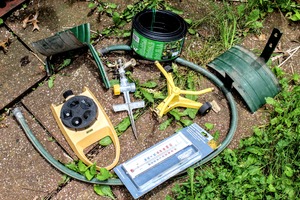 lot 5320 image: Assorted Outdoor Gardening Lot - Water Sprayers, Hose Hanger, Thermometer, Jump Garden Hose and more