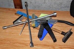 lot 5332 image: Auto Supplies Bag - 20 4 Way Lug Wrench, Squeegees, Tire Gauge, Scrapers and more
