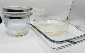 lot 5481 image: (2) Pyrex Clear Glass Cooking Pots, Anchor Hocking Casserole Dish  more