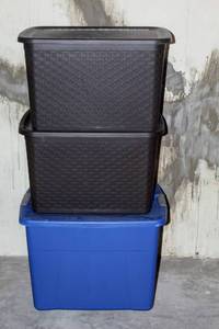 lot 5492 image: (3) Sterilite Tubs with Lids 17 Gallon and 22 Gallon