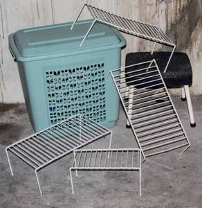 lot 5494 image: Vintage Clothes Hamper, (4) Wire Shelf Organizers and Cosco Step Stool
