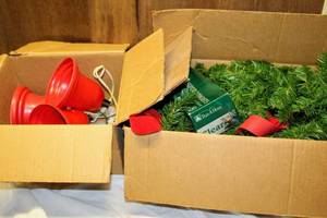 lot 5478 image: Vintage Christmas Lot including Bells, Ribbon, Garland and Lights