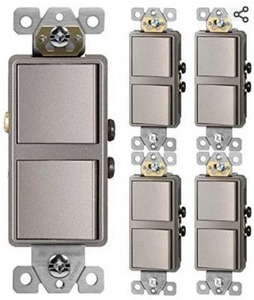lot 27246 image: ENERLITES Double Paddle Rocker Decorator Switch, Clamp-Type Back Insert Wiring, Copper Wires Only, Single Pole, ResidentialCommercial Grade, 15A 120-277VAC, 62834-NK-5PCS, Nickel 5 Pack