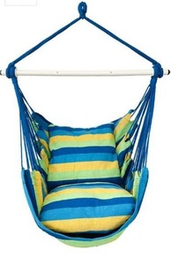 lot 27336 image: Highwild Hammock Chair Hanging Rope Swing - Max 500 Lbs - 2 Cushions Included - Steel Spreader Bar with Anti-Slip Rings - for Any Indoor or Outdoor Spaces (Blue Striped)