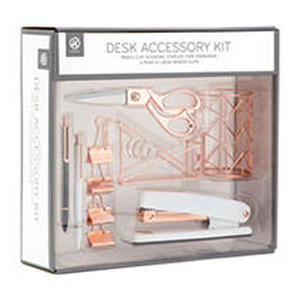 lot 27259 image: U Brands Desktop Accessory Kit, Desktop Organizer and Office Supplies Set, Wire Metal, Rose Gold, 10 Piece Set