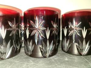 lot 1025 image: Etched Ruby Red Crystal glasses Set of 12 (possibly from Austria)