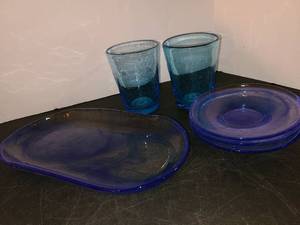 lot 1028 image: Cobalt Swirl Tray and 3 Small Plates with 2 Bubble Glass Blue Glasses