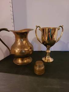 lot 1041 image: Antique Brass Ink Well with Brass Pitcher and Cup