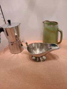 lot 1342 image: Frankoma pitcher, gravy boat and vintage coffee pot. (no cord included)
